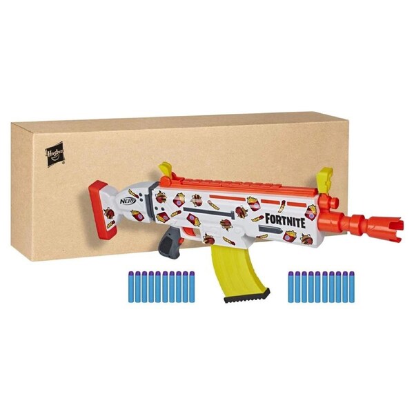 Nerf Fortnite AR DURRR Burger Motorized Dart Blaster 20 Dart Flip Up Sights Play