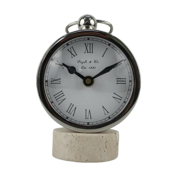 SS Collective Round Faced Table/Desk Clock On Travertine Stand Silver