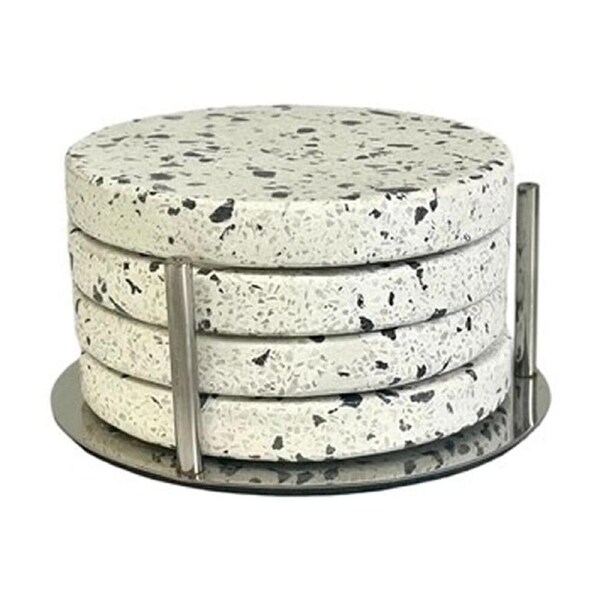 4pc SS Collective Terrazzo Drink Coasters W/ Silver Stand White
