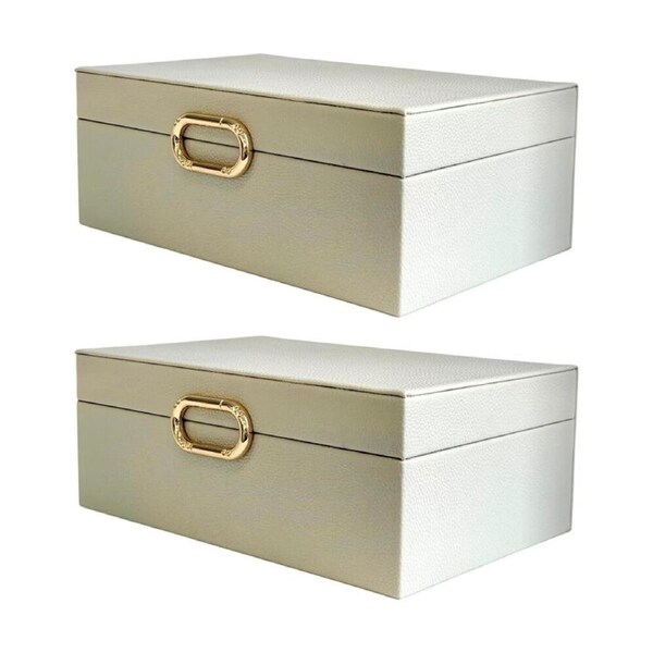 2PK SS Collective Cream Pebble Textured Decorative Box W/ Gold Ring Latch Large