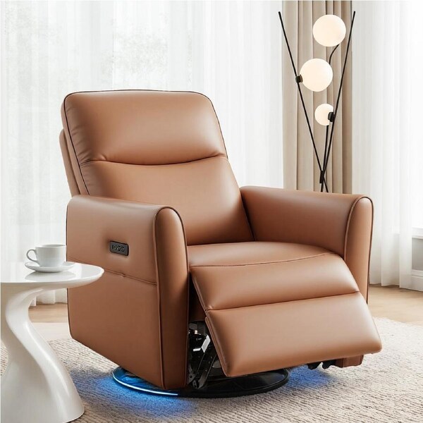 Artiss Swivel Recliner Chair Leather Rocking Reclining Sofa? with Charging Ports LED Brown