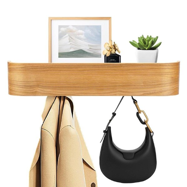 ACA 52cm Wall-Mounted Modern Design Coat Rack with Hidden Wall Hooks Floating Shelves Curved Shape Wall Decor Natural Wood