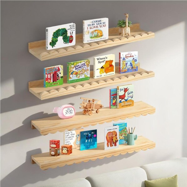 ACA Set of 4 Wood Floating Shelves Wall Nursery Scalloped Book Shelves Kids Bookshelf Rack Organizer Natural
