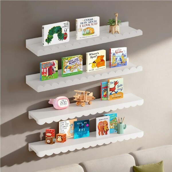ACA Set of 4 Wood Floating Shelves Wall Nursery Scalloped Book Shelves Kids Bookshelf Rack Organizer White