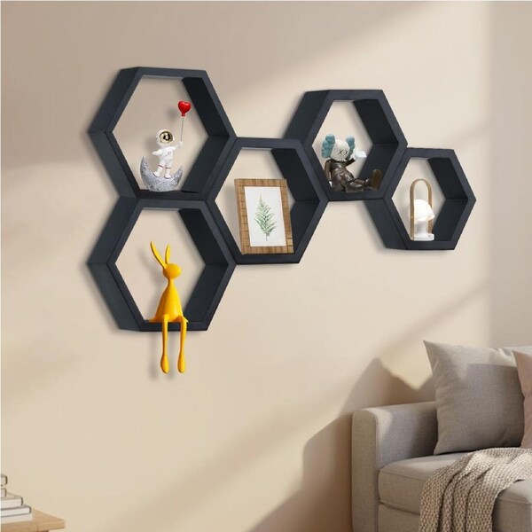 ACA Wooden Floating Shelf 5pcs Hexagon High Gloss Set Wall Shelves Display Black For Bedroom, Living Room