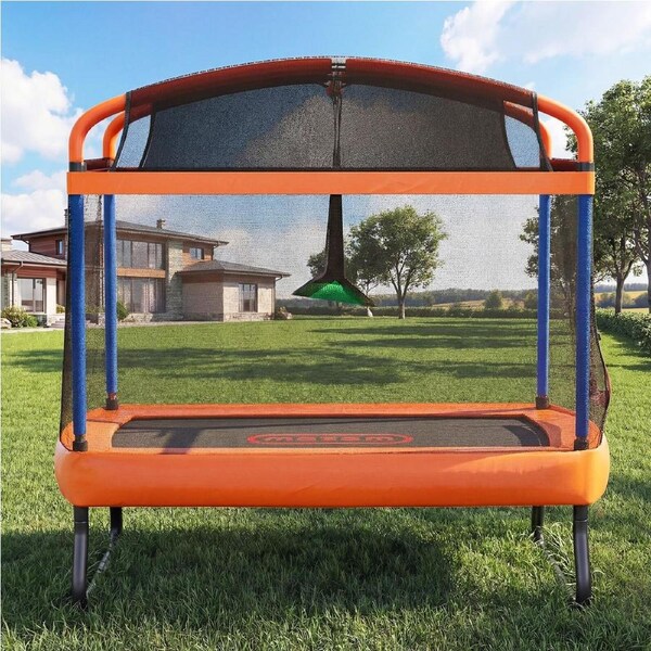 Mazam 6FT Kids Jumping Trampoline with Swing Bar Rectangular Safety Enclosure
