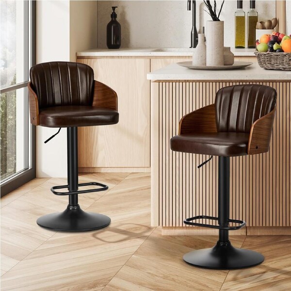 Oikiture 2x Bar Stools Adjustable Counter Height Stool Swivel Leather Brown