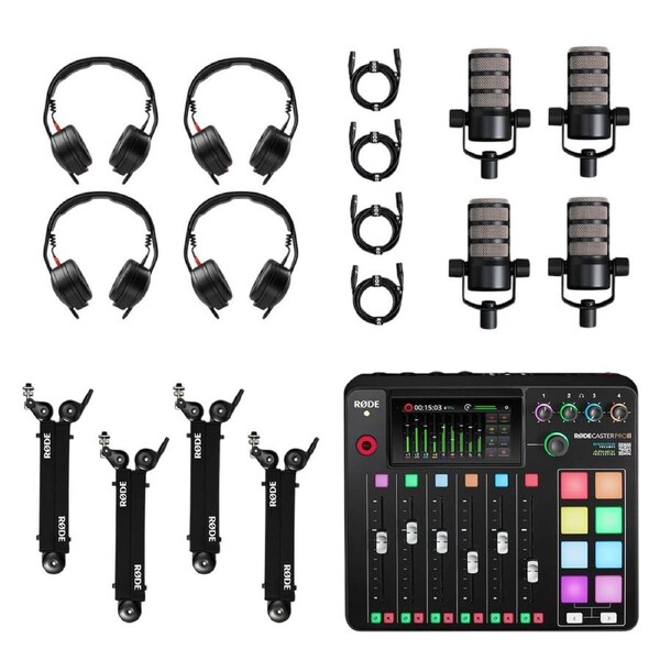 Rode Four Person Podcasting Bundle Inc.RodeCaster ProII,4X PodMic, NTH50, PSA1+ & XLR3M