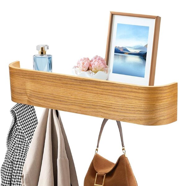 52cm Modern Design Coat Rack with Hidden Wall Hooks Wood Veneer Panel Coat Hanger - Natural Wood