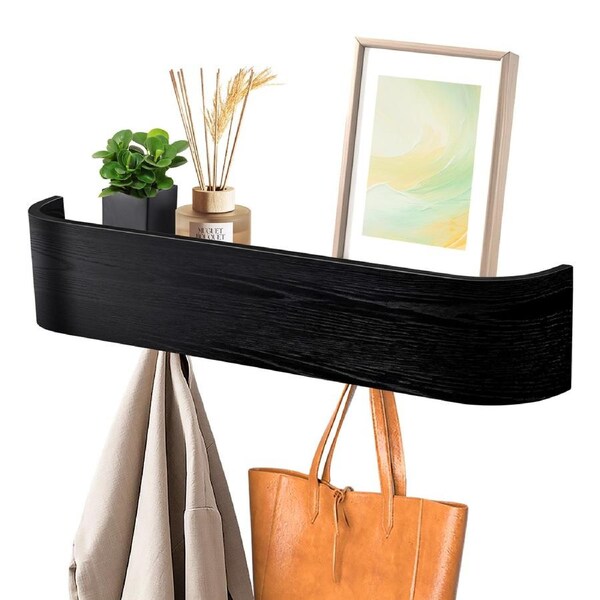 52cm Modern Design Coat Rack with Hidden Wall Hooks Wood Veneer Panel Coat Hanger - Black