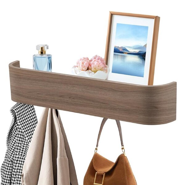 52cm Modern Design Coat Rack with Hidden Wall Hooks Wood Veneer Panel Coat Hanger - Walnut