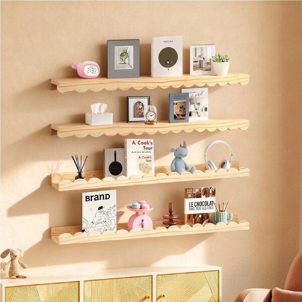 4PCS Natural Nursery Floating Shelves for Wall Kids Scalloped Shelves Wood Bookshelf Holder Organizer 58x12cm