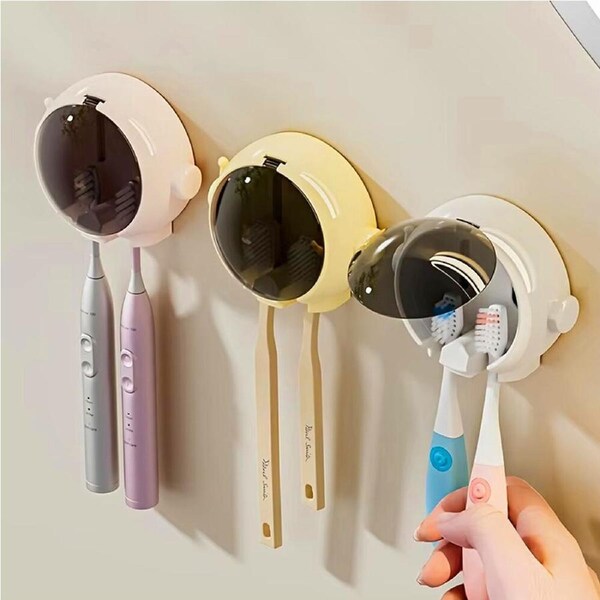 3 Pack Wall Mounted Toothbrush Holders With Cover Electric Couple Toothbrush Storage Drain Rack