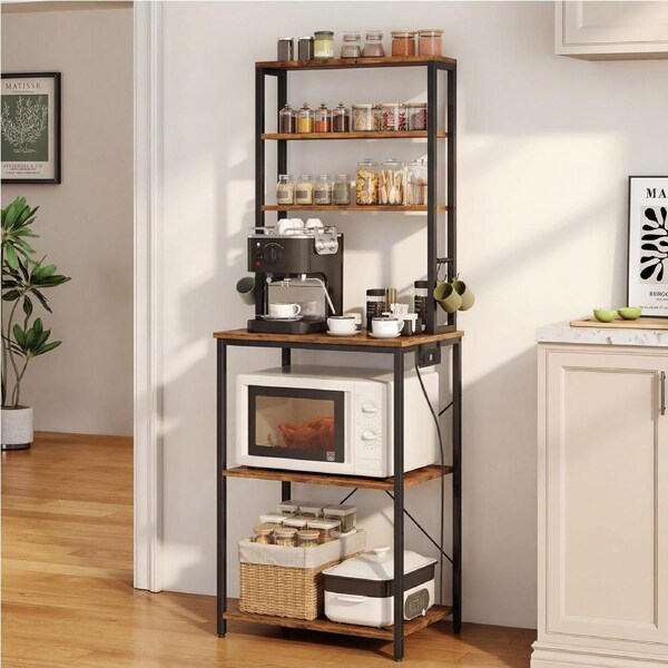 Advwin Bakers Rack with Power Outlet 6 Tiers Microwave Stand Coffee Bar Station Table Kitchen Storage Rack 60*40*165cm Rustic Brown
