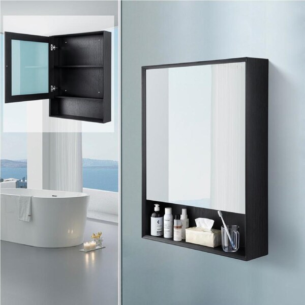 ACA 60x80cm Bathroom Mirror Cabinet Storage Toilet Cupboard Wall Mounted Triple Shelf Wooden Storage Black