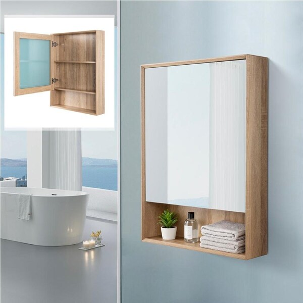 ACA 60x80cm Bathroom Mirror Cabinet Storage Toilet Cupboard Wall Mounted Triple Shelf Wooden Storage Oak