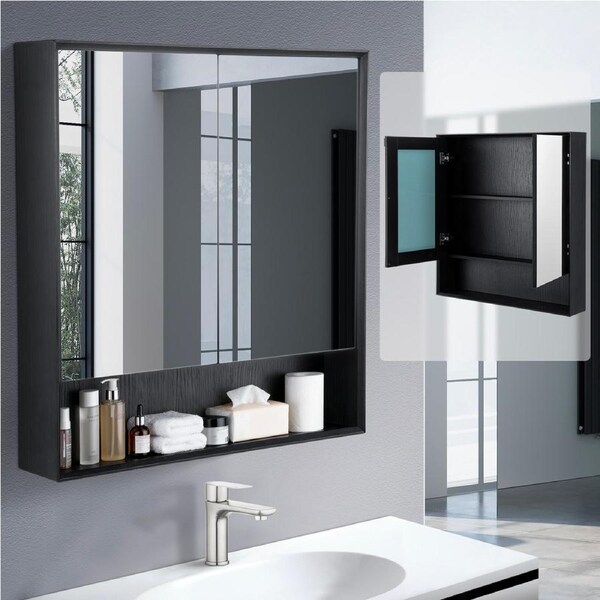 Bathroom Mirror Cabinet Storage Cupboard Medicine Shaving Wooden Wall Storage 800x900mm Black