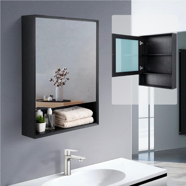 Wooden Bathroom Mirror Cabinet Mirrored Medicine Triple Shelf Storage Wall Mounted Black 60x80cm
