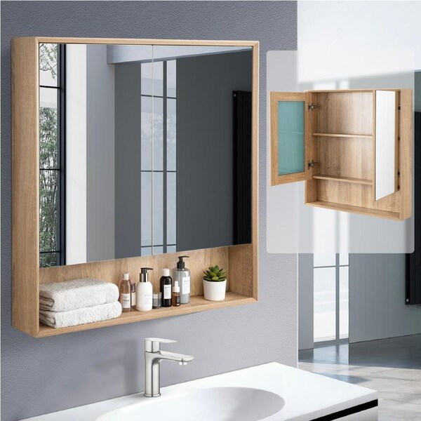 Bathroom Mirror Cabinet Storage Cupboard Medicine Shaving Wooden Wall Storage 800x750mm Oak