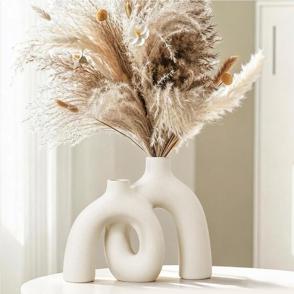 DelSol Hug Donut White Ceramic Vase Modern Minimalist Nordic Boho Style for Home Decor Pampas Grass Dried Flowers Vases for Living Room Entryway Shelf Mantel Dinning Table Centerpieces Bookshelf