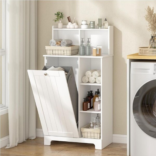 Advwin Tilt-Out Laundry Hamper Cabinet w/ Removable Laundry Basket & Shelf Bathroom Storage Cabinet Wooden Organizer Unit White