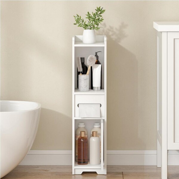 Advwin Slim Bathroom Storage Cabinet Narrow Storage Cupboard w/ Doors and Drawer Floor Cabinet with Open Shelves White