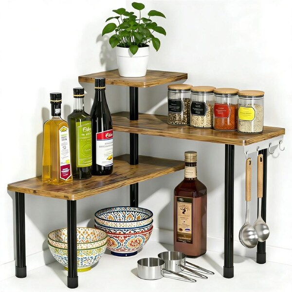 DelSol Countertop Organizer Organization, 3 Tier Moveable Corner Shelf Organizer for Kitchen, Bathroom, Spice Rack, Coffee Area, Over Sink-Rustic Brown