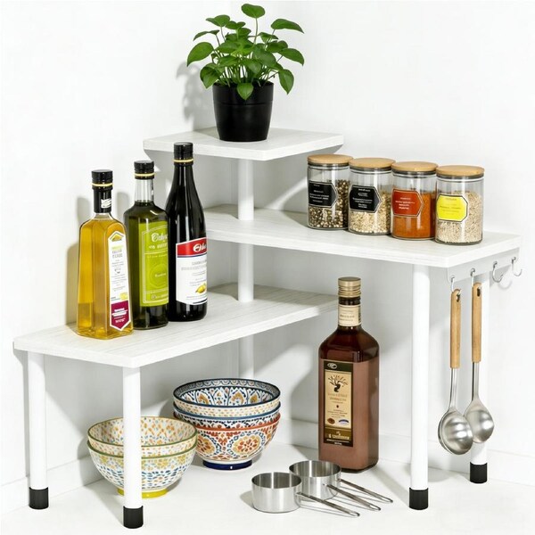 DelSol Countertop Organizer Organization, 3 Tier Moveable Corner Shelf Organizer for Kitchen, Bathroom, Spice Rack, Coffee Area, Over Sink-White