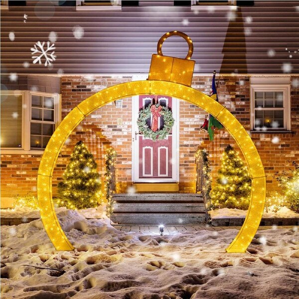 Costway 313CM Christmas Arch Pre-Lit Festive Archway Lighted Holiday Archway Display w/Gold Ornament Cap LED Lights