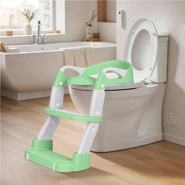 Advwin Foldable 2-in-1 Toddler Potty Training Seat with Stool Ladder Height Adjustable Toilet Training Seat with Handles Green