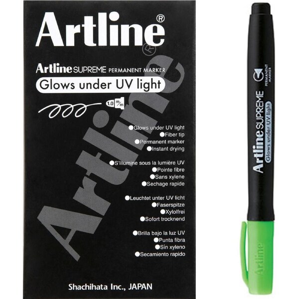 Artline Supreme Glow Marker Green Glows In UV Light Box 12