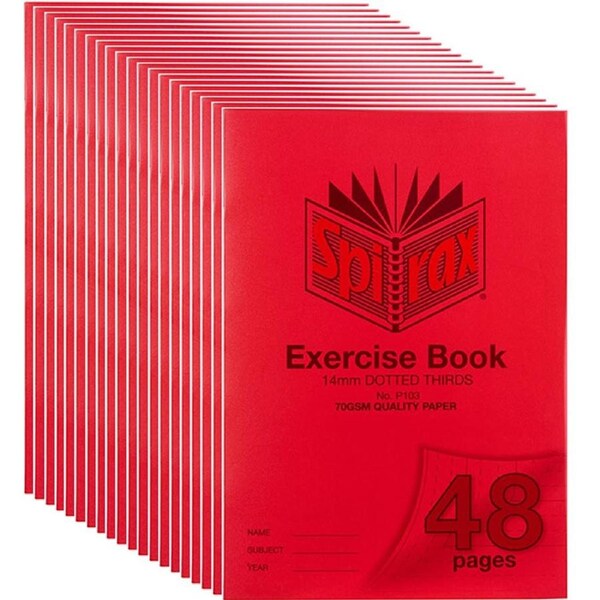Spirax P103 Exercise Book Dotted Thirds 14mm 70Gsm 48 Page A4 Red 20 Pack