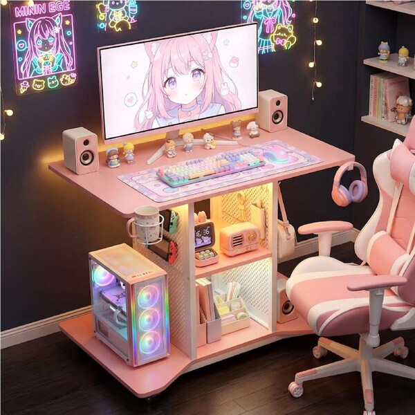 Advwin Movable Gaming Desk with LED Lights & Power Outlet, 80cm Compact Computer Desk with Pegboard, Storage Shelves, Cup Holder, Headphone Hook & Wheels for Small Spaces, Pink