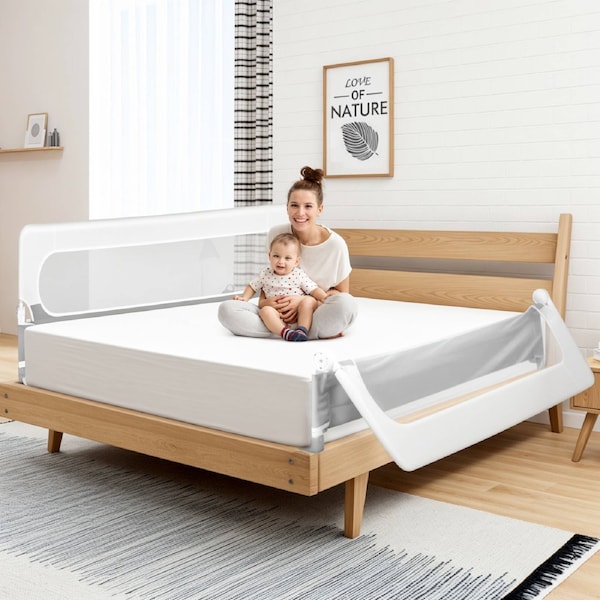 Advwin 2pcs 180cm Foldable Baby Bed Rail Adjustable Kids Cot Safety Fence Toddler Protect Guard Grey