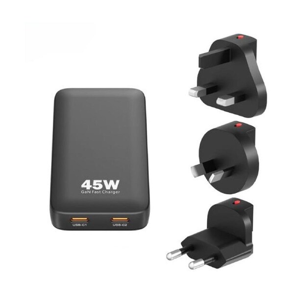 Gecko 45W GAN Dual USB-C Slim Wall Charger with Travel Adaptors- Black