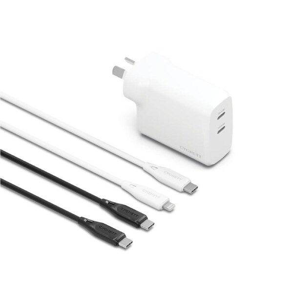 Cygnett ChargePlus 60W Dual Wall Charger + Lightning and USB-C Cables Bundle - White