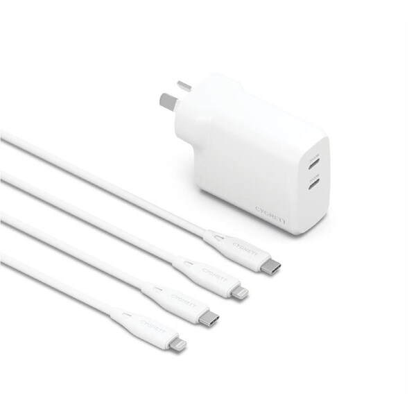 Cygnett ChargePlus 35W Dual Wall Charger + Lightning Cables Bundle - White