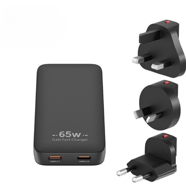 Gecko 65W GAN Dual USB-C Slim Wall Charger and Travel Adapters - Black