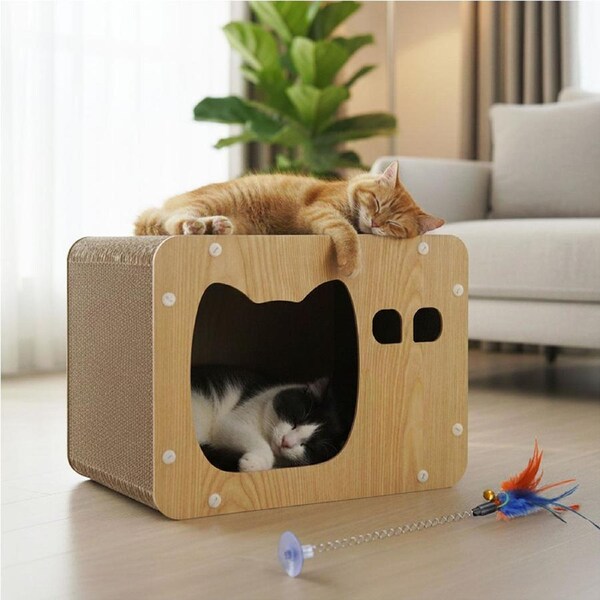 22cm PaWz Wooden Cat House Scratcher Box with Sisal Post