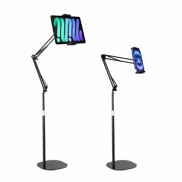 Tablet Floor Stand iPad iPhone Kindle Mobile Cell Phone Holder Hands Free Overhead Bed Clip Mount Switch Angle Height Adjustable Universal Metal Base