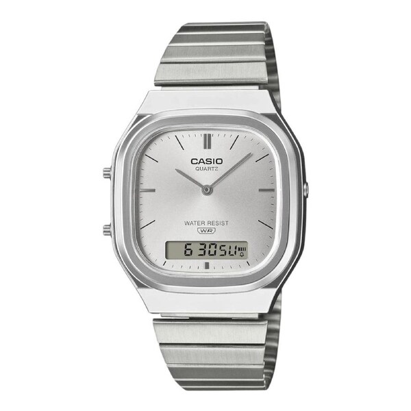 Casio AQ-240E-7A Unisex Analog Digital Watch Silver Steel Band Silver Dial