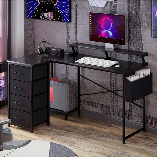 L Shaped Gaming Desk w/ RGB LED Lights & Monitor Stand Corner Desk w/ Power Outlets & Drawers - Black