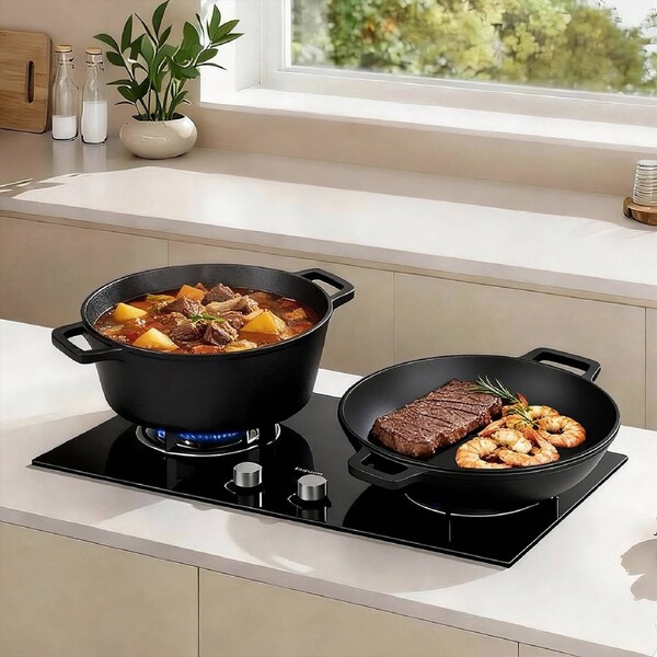 Toque 5.84L Double Dutch Oven 2 in 1 Seasoned Cast Iron Combo Stew Pan Stockpot