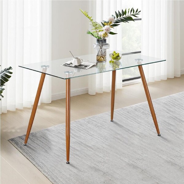 ACA 150cm Dining Table Rectangle Kitchen Coffee Table With Metal Legs Glass Tabletop Black
