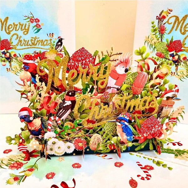 Merry Christmas Australian Native Garden & Birds 3D Card