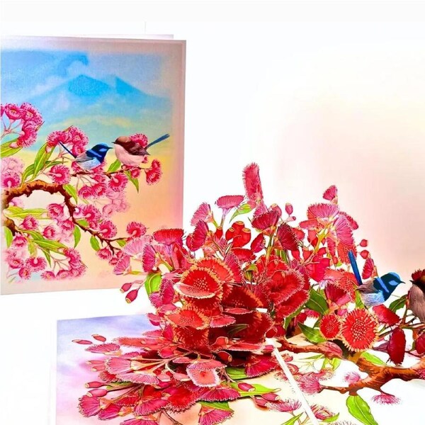 Pink Gumnut Blossom Garden with Fairy-Wrens 3D Card