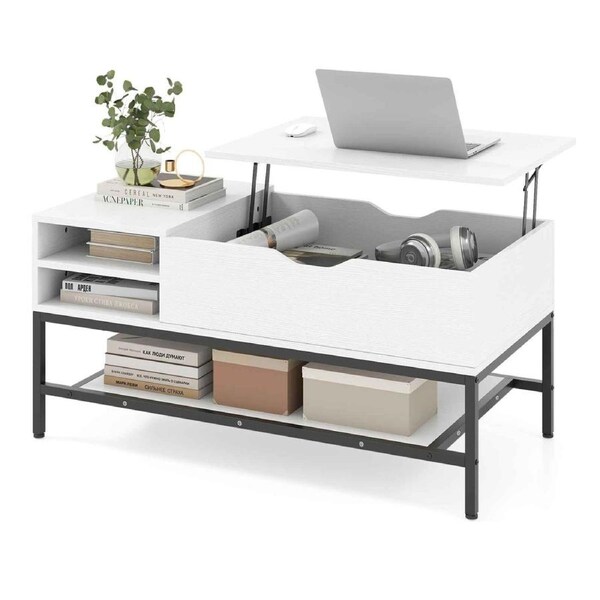 Costway Lift Top Coffee Table Modern Center Table Work Table Side Storage Shelves Living Room White