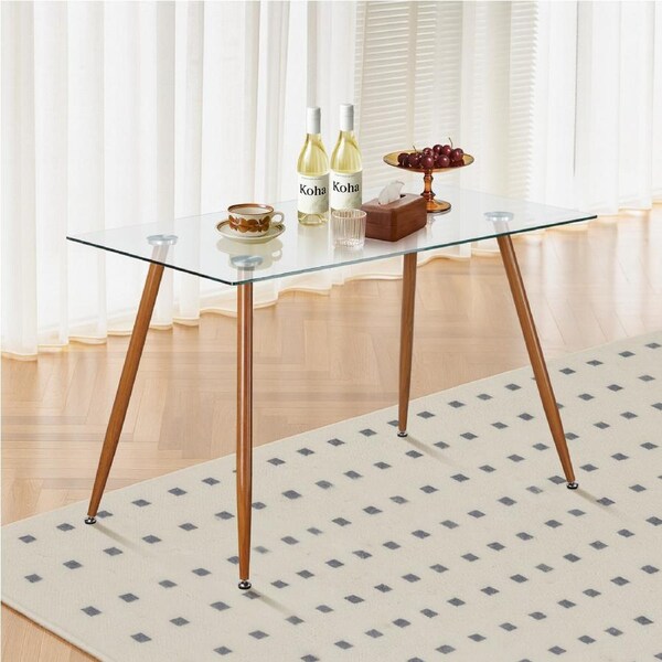 150cm Rectangular Dining Table Kitchen Coffee Table with Metal Leg Glass Tabletop Black