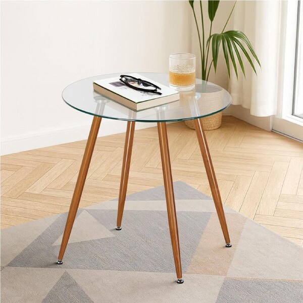 100cm Walnut Round Dining Table Glass Tabletop Kitchen Coffee Table With Metal Legs