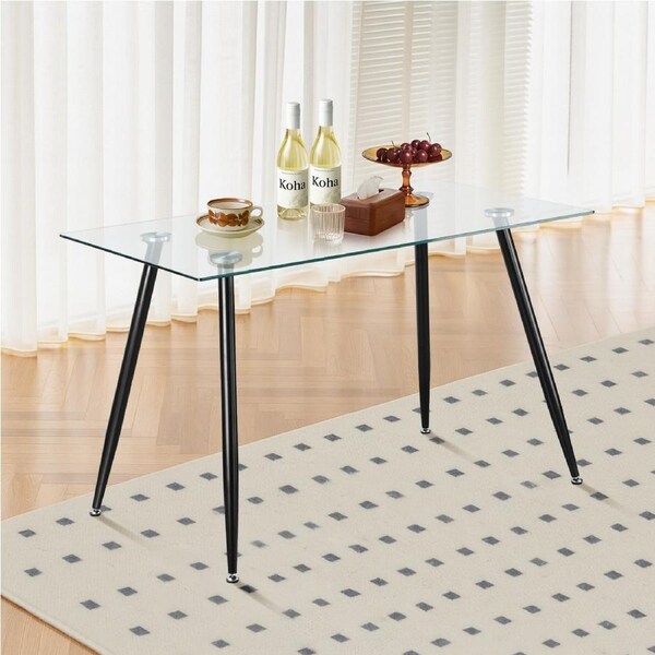 150cm Rectangular Dining Table Kitchen Coffee Table with Metal Leg Glass Tabletop Walnut